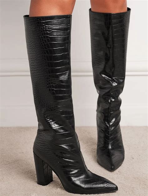 croc embossed chunky heeled boots.